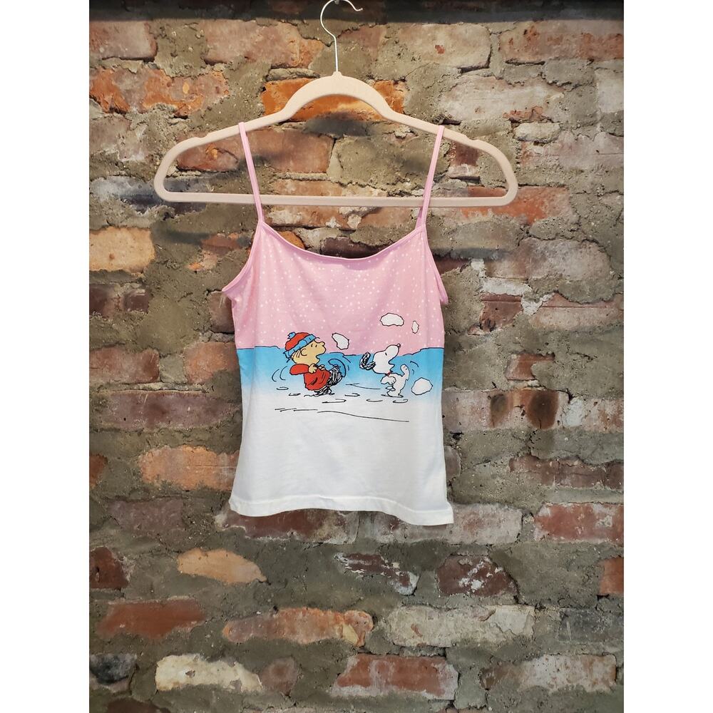 Peanuts Girls Cami Tank Top S Snoopy Woodstock Graphic Pink Blue White Cotton - Picture 2 of 3